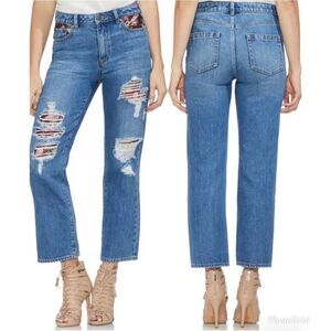 Vince Camuto High Rise Straight Leg Patchwork Ripped Jeans Blue 29/8 Distressed